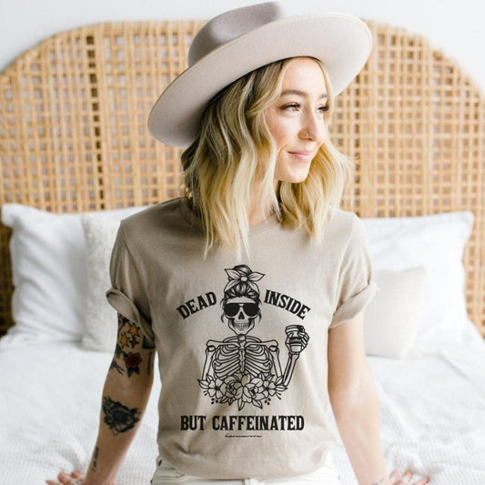 Karmavore Dead Inside But Caffeinated Premium Tee Heather Sand / S