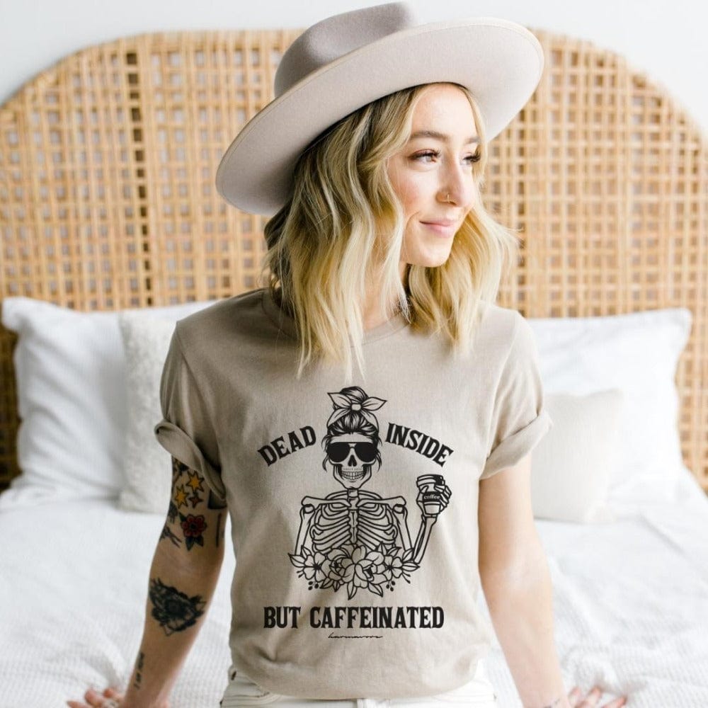 Karmavore Dead Inside But Caffeinated Premium Tee Heather Sand / S