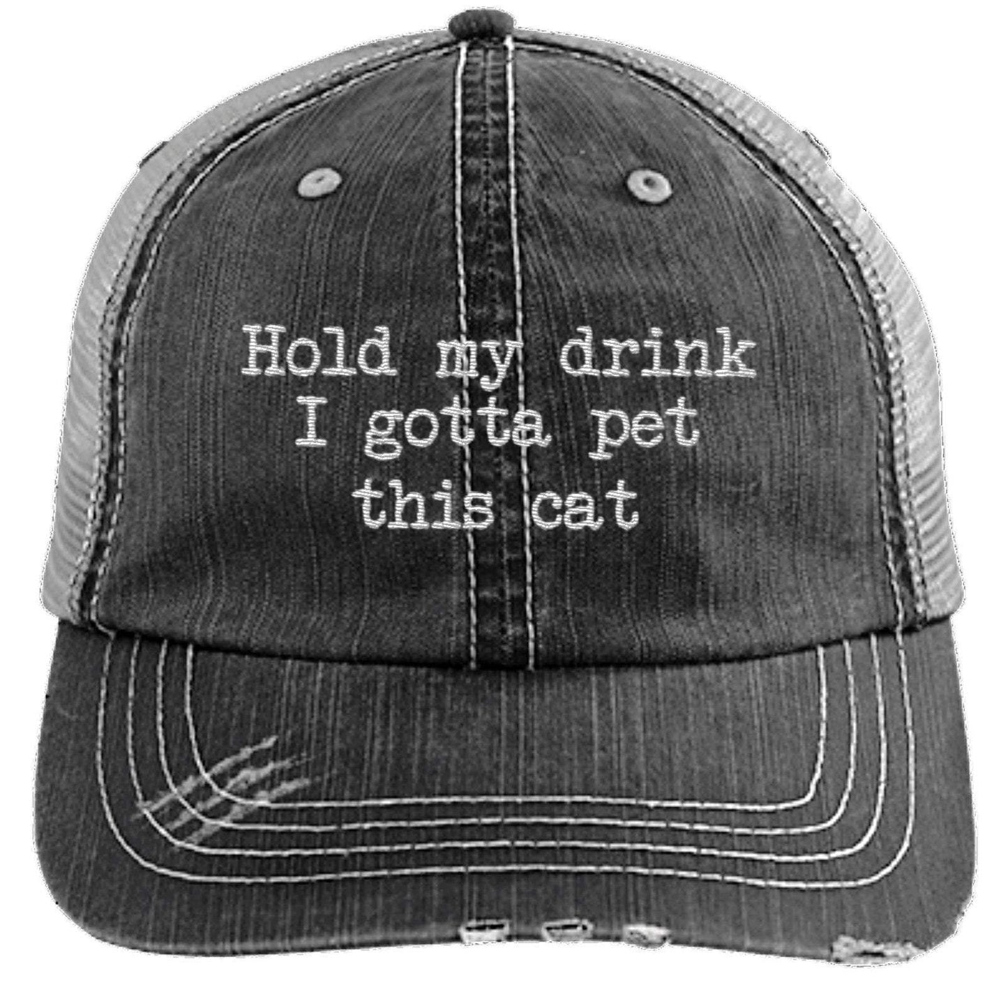 Karmavore Hold My Drink I Gotta Pet This Cat Trucker Hat Grey / One Size